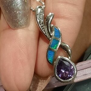 Genuine Amethyst Paua Shell Inlay & CZ Pendant & Chain Solid Sterling Silver